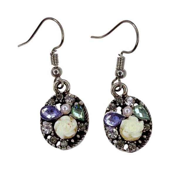 Silver Tone Rhinestone Flower Dangle Earrings 1" - Picture 5 of 10